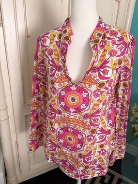 Tory Burch Women's Pink & Yellow Printed V-Neck Tunic Top